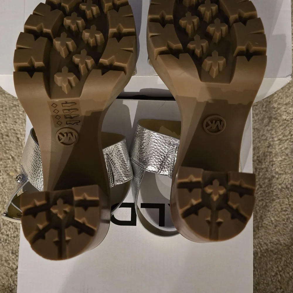 Michael Kors Silver Textured Leather Block Heel Sandals